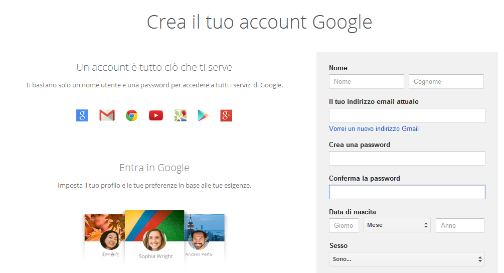 Creare Google account senza indirizzo GMail